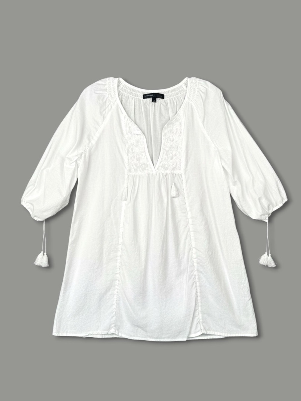 BASEMENT Embroidered Split Neck Tunic Top M White Cotton Tassel Tie Boho Beach